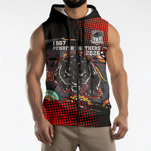 Personalised Panthers 60th Anniversary Sleeveless Zip Hoodie Aboriginal Indigenous Dot Art - Halftone Pattern 1967-2026