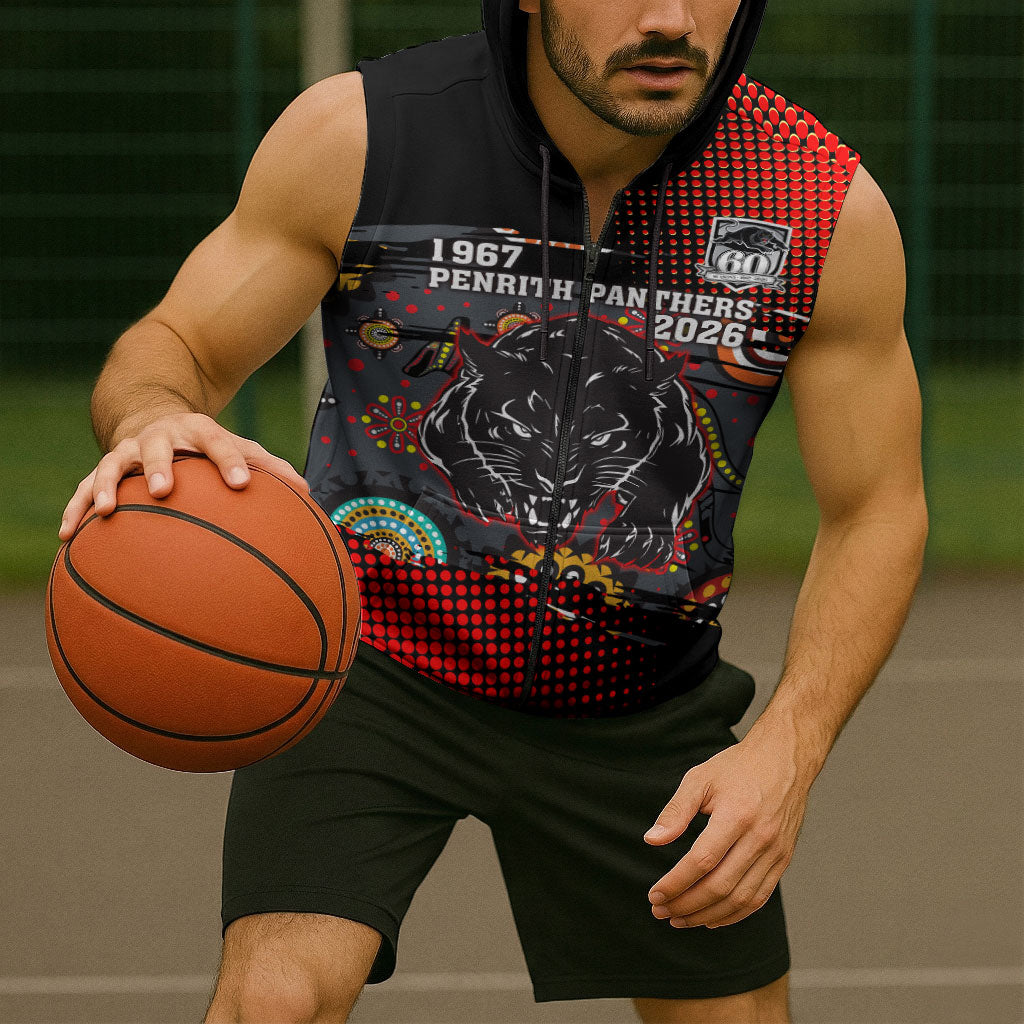 Personalised Panthers 60th Anniversary Sleeveless Zip Hoodie Aboriginal Indigenous Dot Art - Halftone Pattern 1967-2026