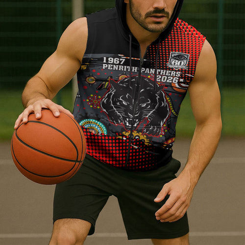 Personalised Panthers 60th Anniversary Sleeveless Zip Hoodie Aboriginal Indigenous Dot Art - Halftone Pattern 1967-2026
