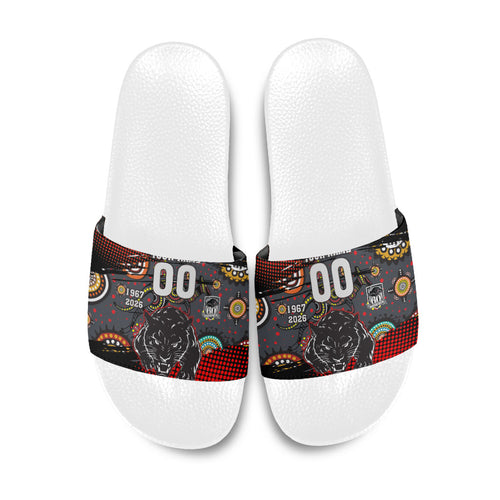Personalised Panthers 60th Anniversary Slide Sandals Aboriginal Indigenous Dot Art - Halftone Pattern 1967-2026