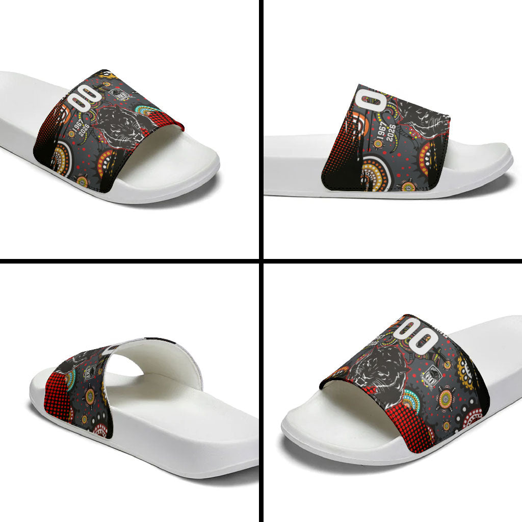 Personalised Panthers 60th Anniversary Slide Sandals Aboriginal Indigenous Dot Art - Halftone Pattern 1967-2026
