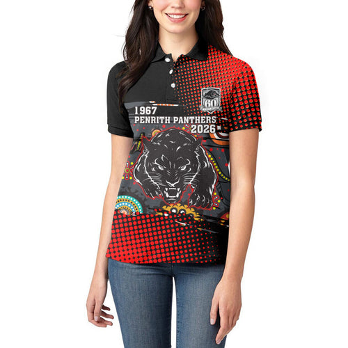 Personalised Panthers 60th Anniversary Women Polo Shirt Aboriginal Indigenous Dot Art - Halftone Pattern 1967-2026