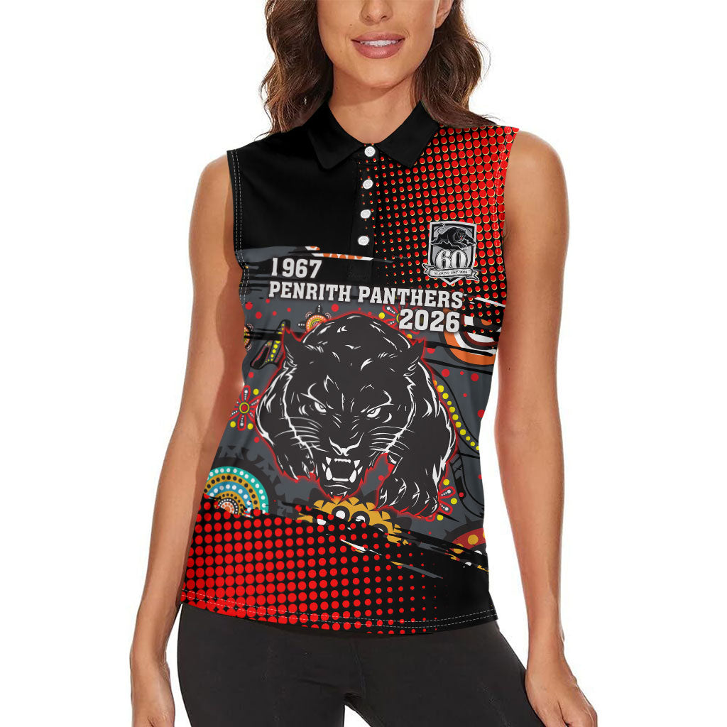 Personalised Panthers 60th Anniversary Women Sleeveless Polo Shirt Aboriginal Indigenous Dot Art - Halftone Pattern 1967-2026