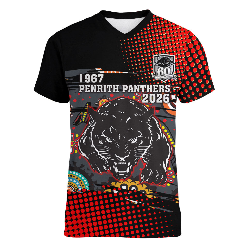 Personalised Panthers 60th Anniversary Women V-Neck T-Shirt Aboriginal Indigenous Dot Art - Halftone Pattern 1967-2026