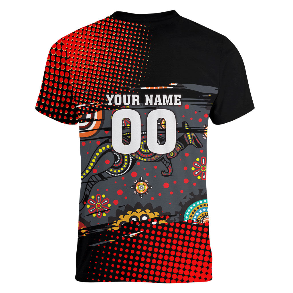 Personalised Panthers 60th Anniversary Women V-Neck T-Shirt Aboriginal Indigenous Dot Art - Halftone Pattern 1967-2026