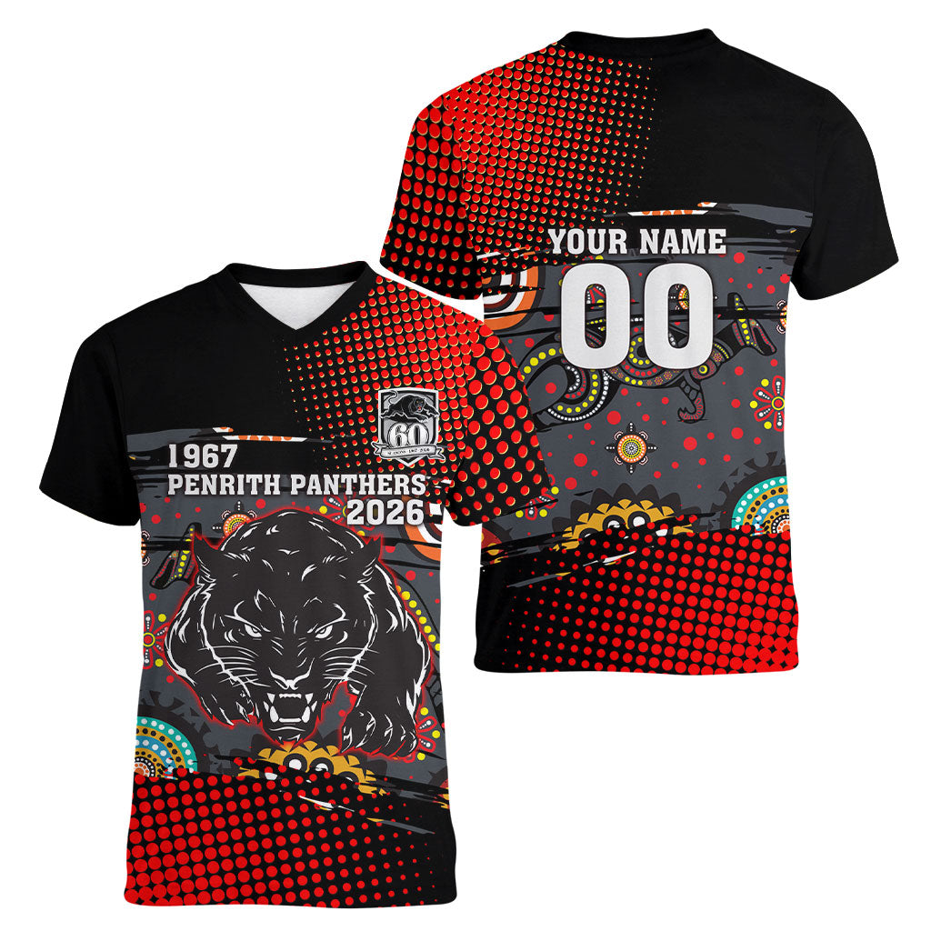 Personalised Panthers 60th Anniversary Women V-Neck T-Shirt Aboriginal Indigenous Dot Art - Halftone Pattern 1967-2026