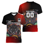 Personalised Panthers 60th Anniversary Women V-Neck T-Shirt Aboriginal Indigenous Dot Art - Halftone Pattern 1967-2026