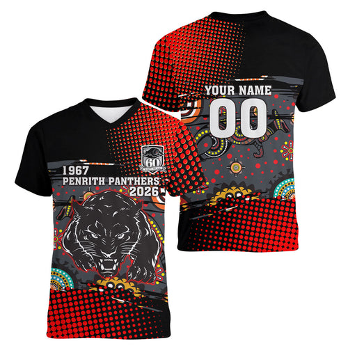 Personalised Panthers 60th Anniversary Women V-Neck T-Shirt Aboriginal Indigenous Dot Art - Halftone Pattern 1967-2026