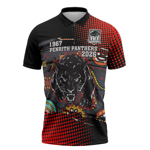 Personalised Panthers 60th Anniversary Zipper Polo Shirt Aboriginal Indigenous Dot Art - Halftone Pattern 1967-2026