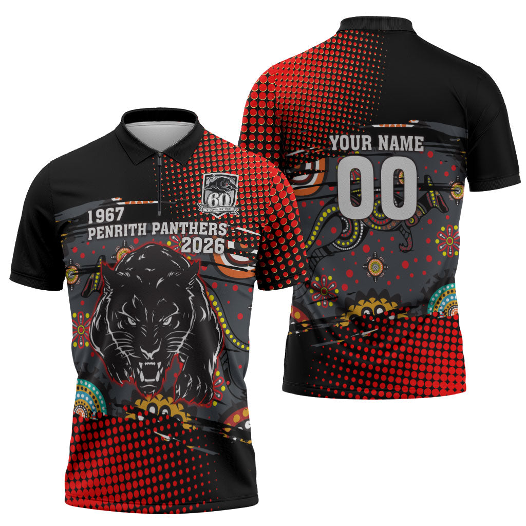 Personalised Panthers 60th Anniversary Zipper Polo Shirt Aboriginal Indigenous Dot Art - Halftone Pattern 1967-2026