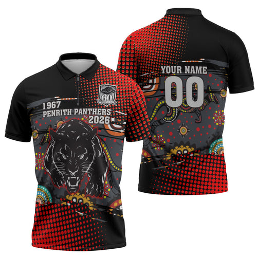 Personalised Panthers 60th Anniversary Zipper Polo Shirt Aboriginal Indigenous Dot Art - Halftone Pattern 1967-2026