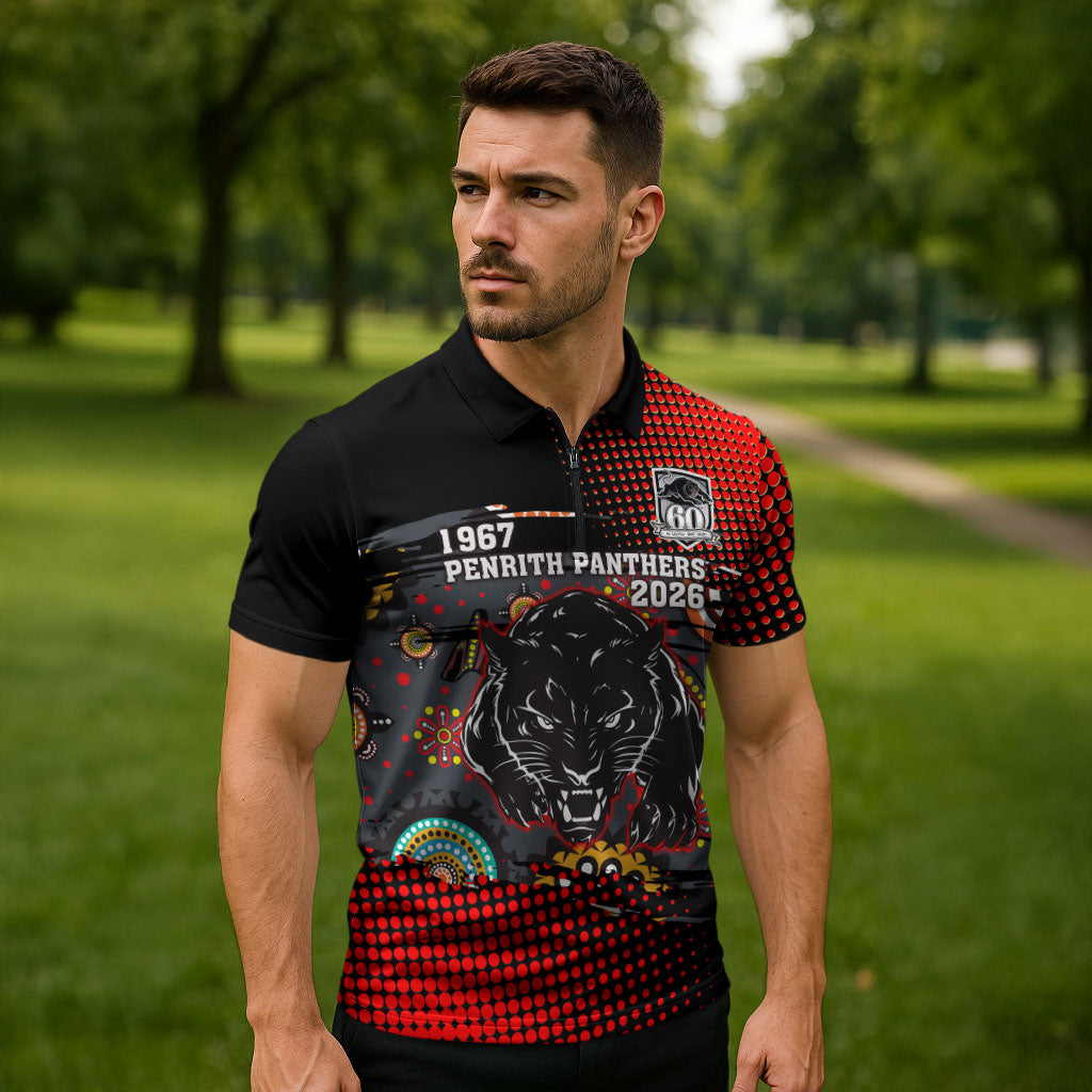 Personalised Panthers 60th Anniversary Zipper Polo Shirt Aboriginal Indigenous Dot Art - Halftone Pattern 1967-2026