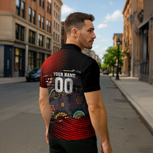 Personalised Panthers 60th Anniversary Zipper Polo Shirt Aboriginal Indigenous Dot Art - Halftone Pattern 1967-2026