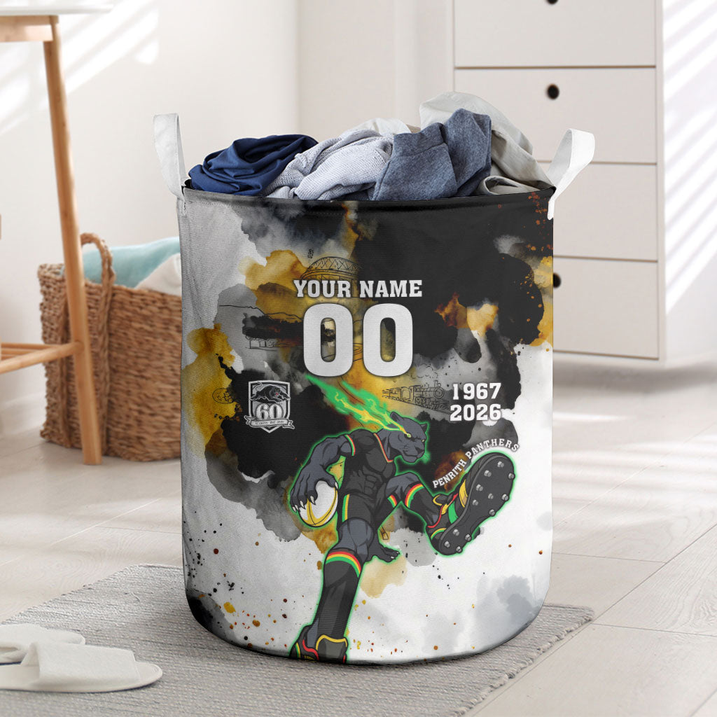Personalised Penrith Panthers 1967-2026 Laundry Basket Panther Mascot 60th Anniversary - Watercolor Splash Art