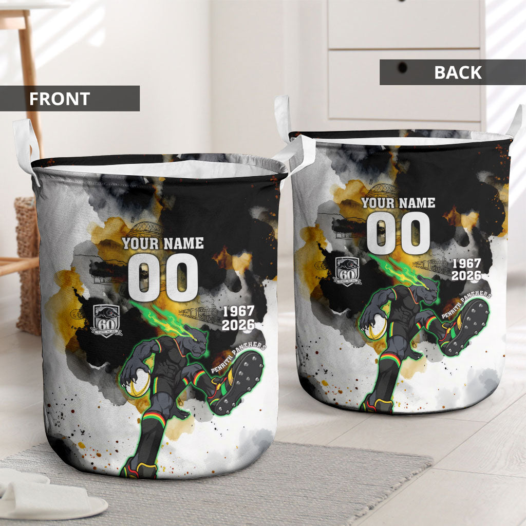 Personalised Penrith Panthers 1967-2026 Laundry Basket Panther Mascot 60th Anniversary - Watercolor Splash Art