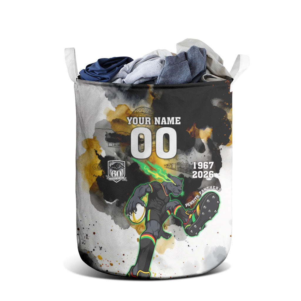 Personalised Penrith Panthers 1967-2026 Laundry Basket Panther Mascot 60th Anniversary - Watercolor Splash Art
