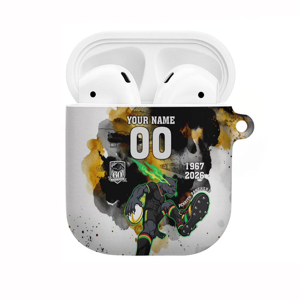 Personalised Penrith Panthers 1967-2026 AirPods Case Panther Mascot 60th Anniversary - Watercolor Splash Art