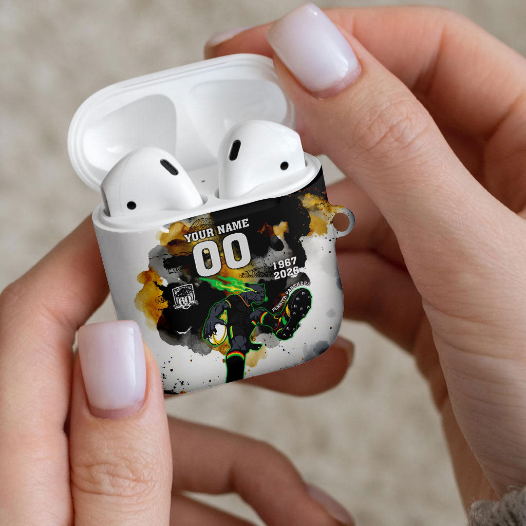 Personalised Penrith Panthers 1967-2026 AirPods Case Panther Mascot 60th Anniversary - Watercolor Splash Art