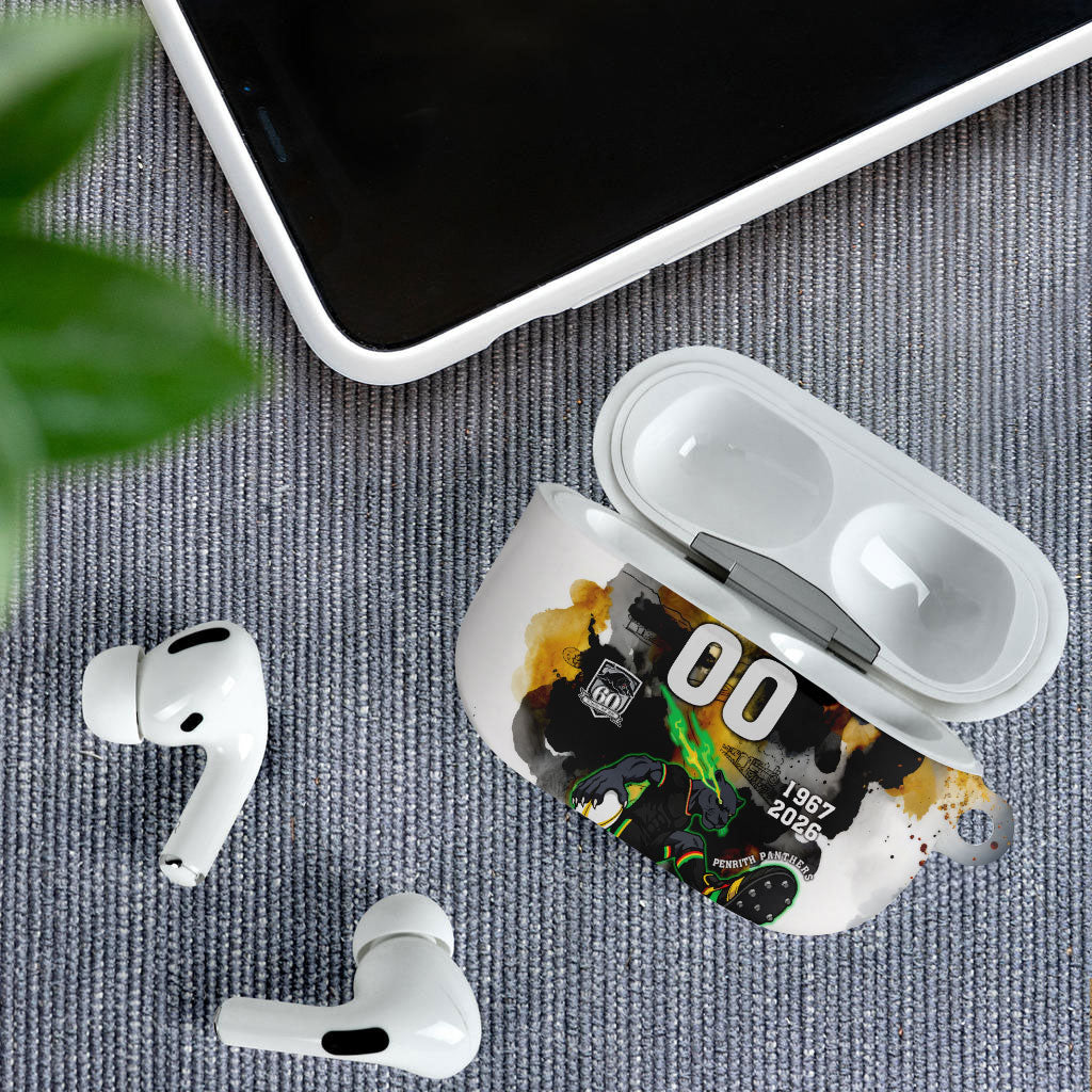 Personalised Penrith Panthers 1967-2026 AirPods Case Panther Mascot 60th Anniversary - Watercolor Splash Art