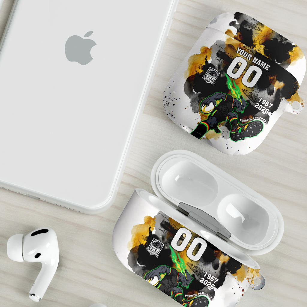 Personalised Penrith Panthers 1967-2026 AirPods Case Panther Mascot 60th Anniversary - Watercolor Splash Art