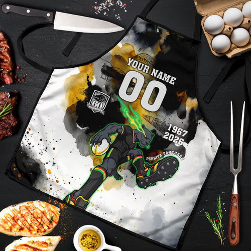 Personalised Penrith Panthers 1967-2026 Apron Panther Mascot 60th Anniversary - Watercolor Splash Art