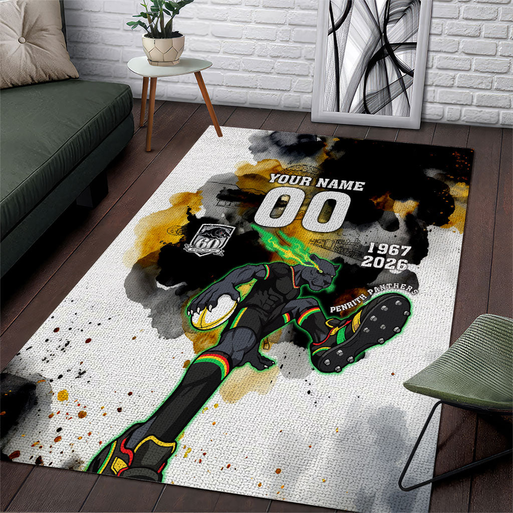 Personalised Penrith Panthers 1967-2026 Area Rug Panther Mascot 60th Anniversary - Watercolor Splash Art