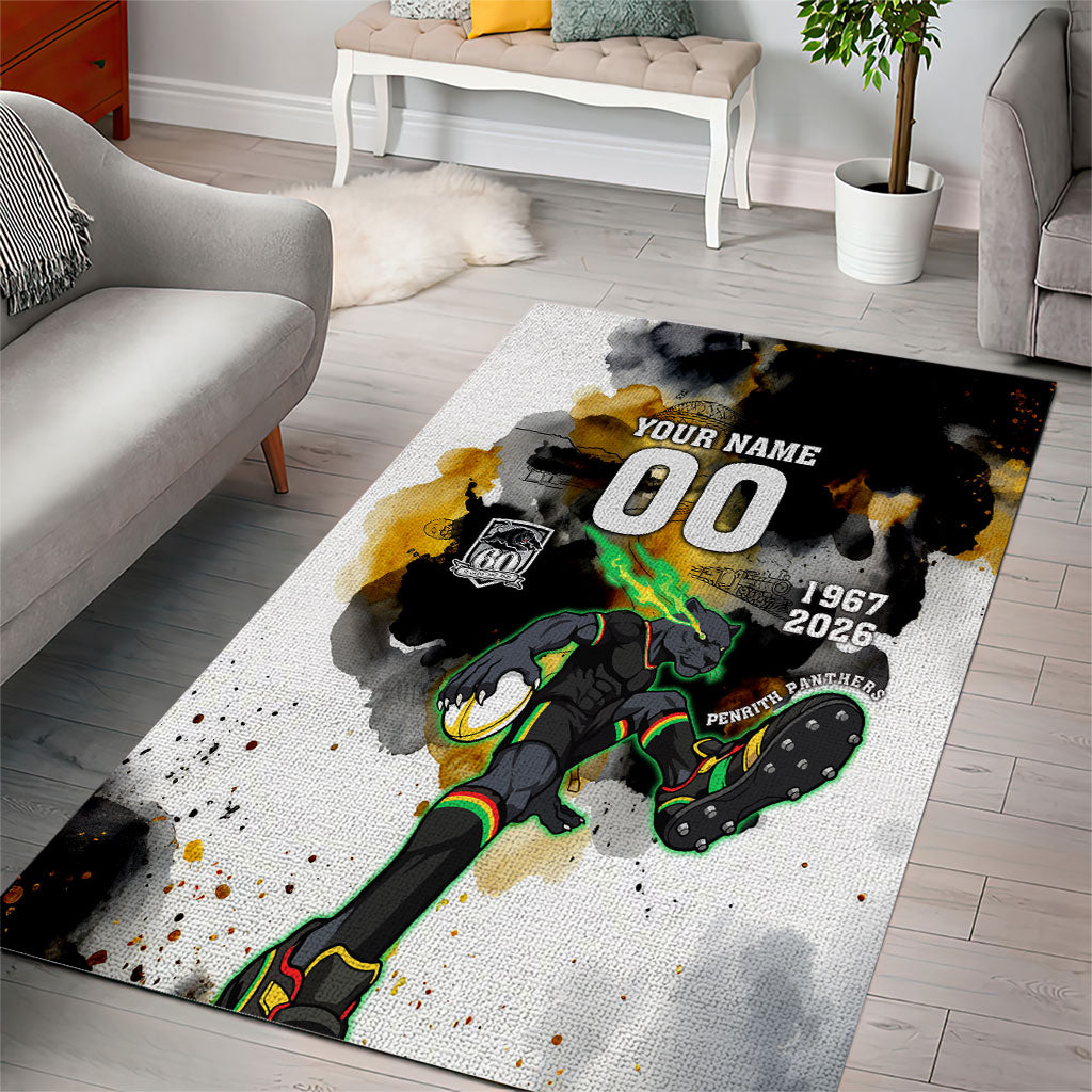 Personalised Penrith Panthers 1967-2026 Area Rug Panther Mascot 60th Anniversary - Watercolor Splash Art