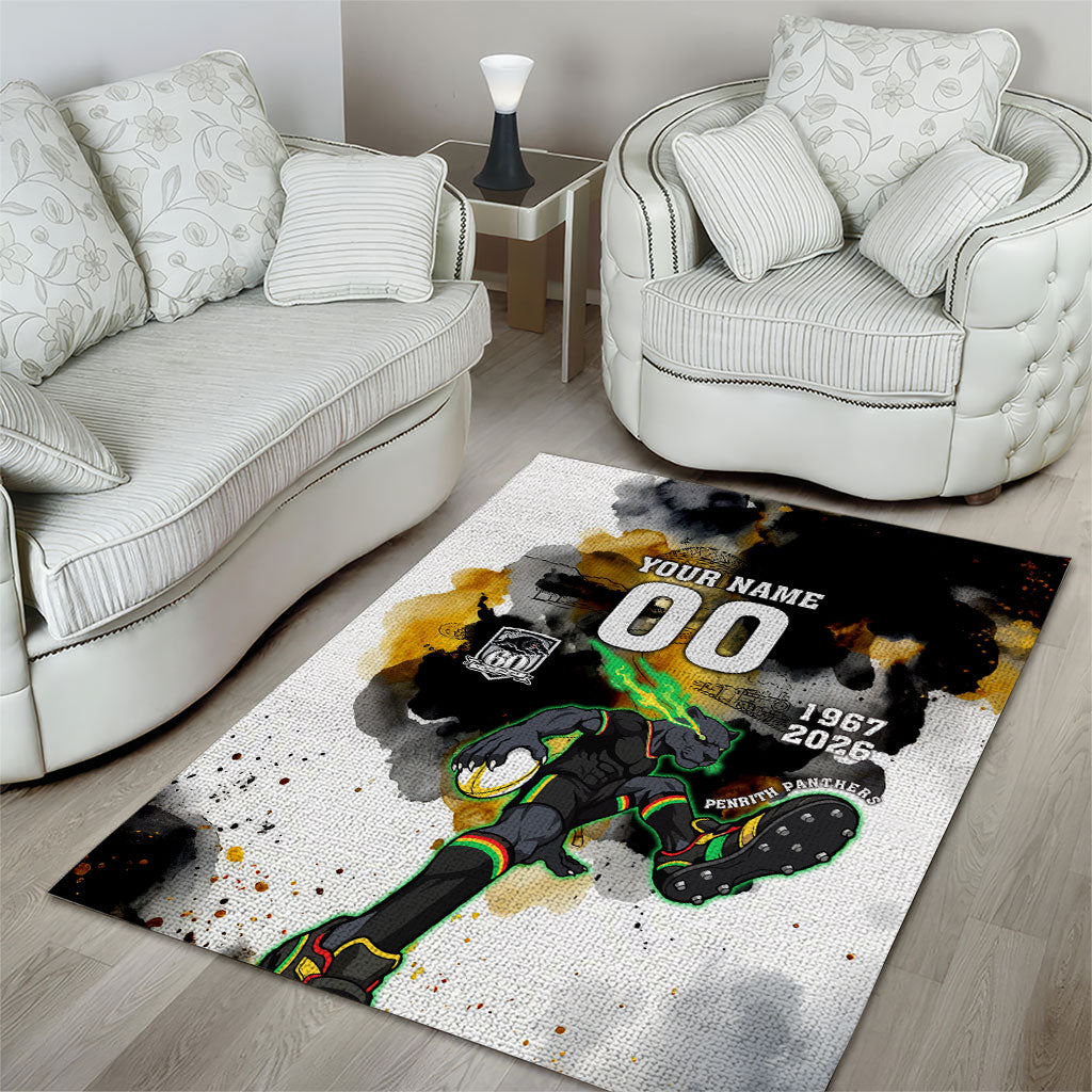 Personalised Penrith Panthers 1967-2026 Area Rug Panther Mascot 60th Anniversary - Watercolor Splash Art