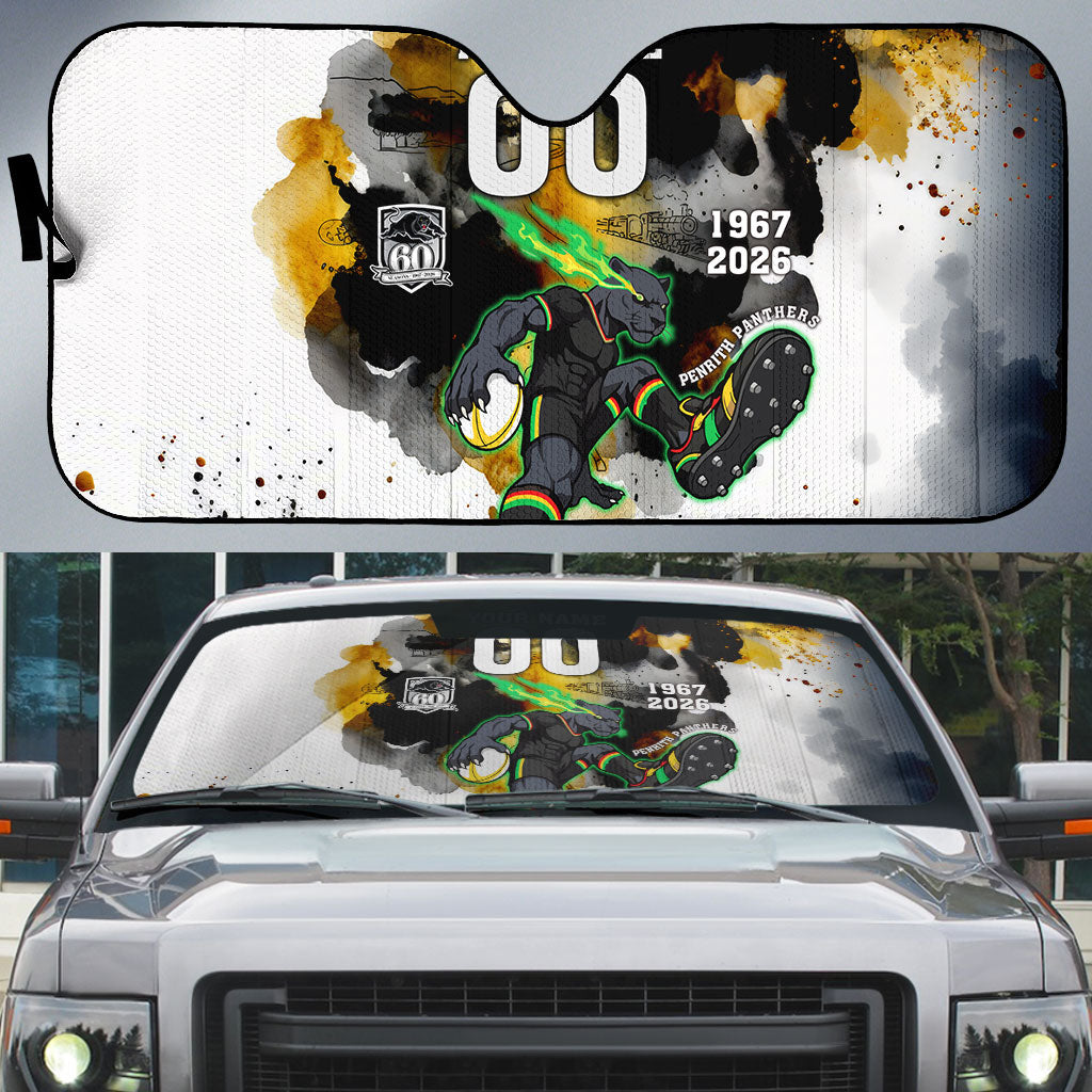 Personalised Penrith Panthers 1967-2026 Auto Sun Shade Panther Mascot 60th Anniversary - Watercolor Splash Art