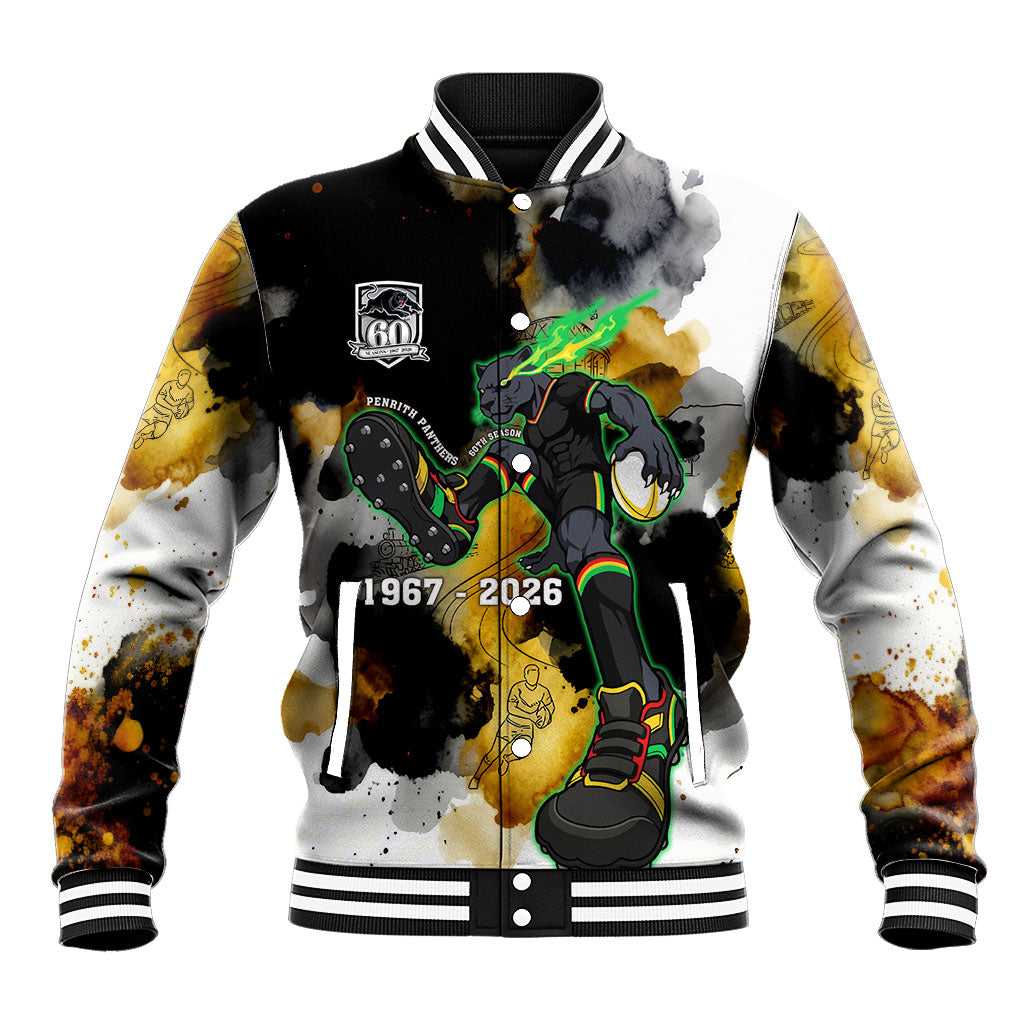 Personalised Penrith Panthers 1967-2026 Baseball Jacket Panther Mascot 60th Anniversary - Watercolor Splash Art