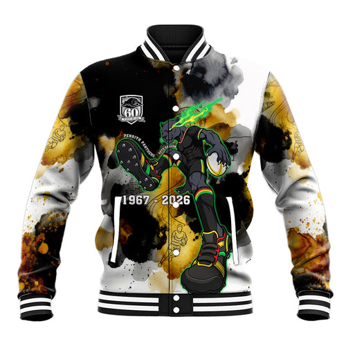 Personalised Penrith Panthers 1967-2026 Baseball Jacket Panther Mascot 60th Anniversary - Watercolor Splash Art