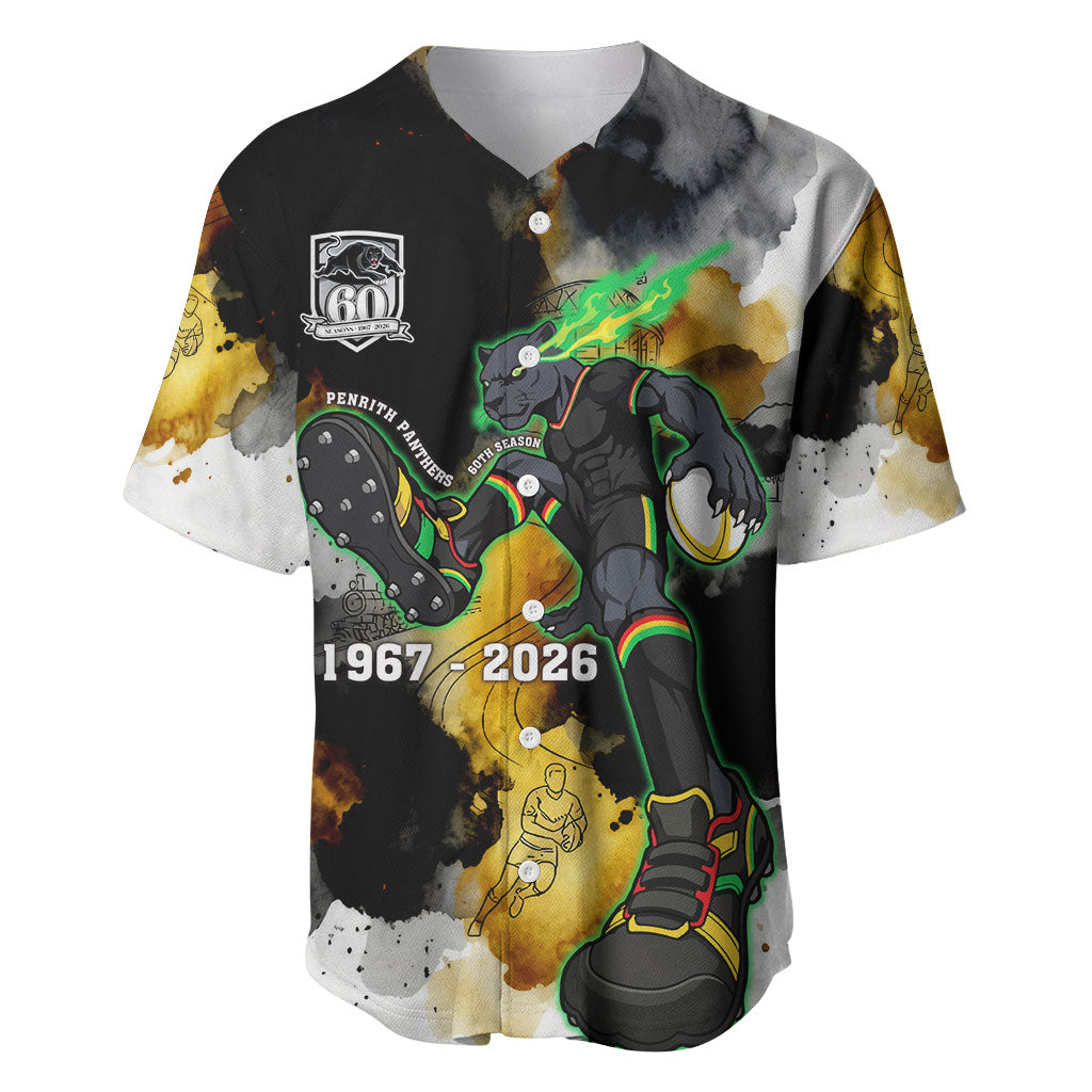 Personalised Penrith Panthers 1967-2026 Baseball Jersey Panther Mascot 60th Anniversary - Watercolor Splash Art
