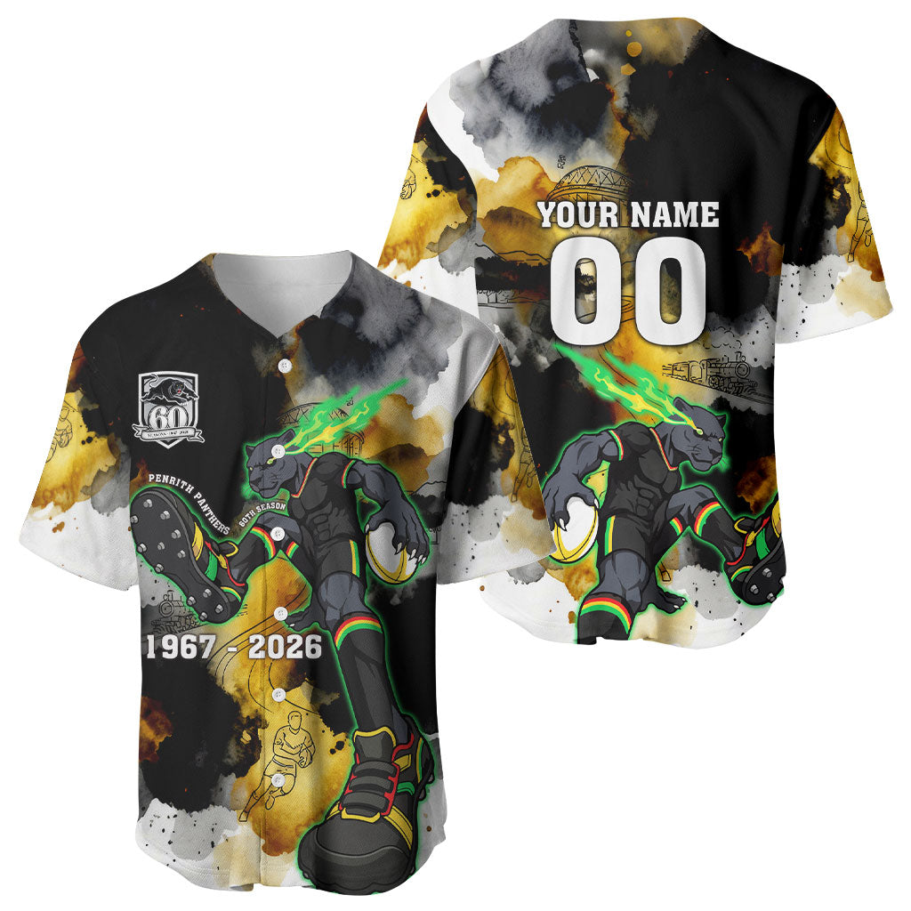 Personalised Penrith Panthers 1967-2026 Baseball Jersey Panther Mascot 60th Anniversary - Watercolor Splash Art