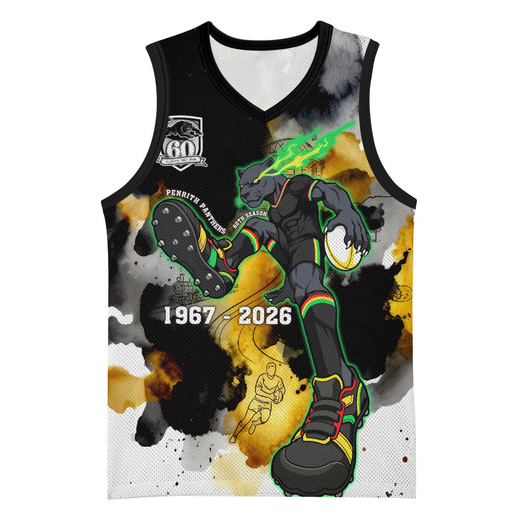 Personalised Penrith Panthers 1967-2026 Basketball Jersey Panther Mascot 60th Anniversary - Watercolor Splash Art