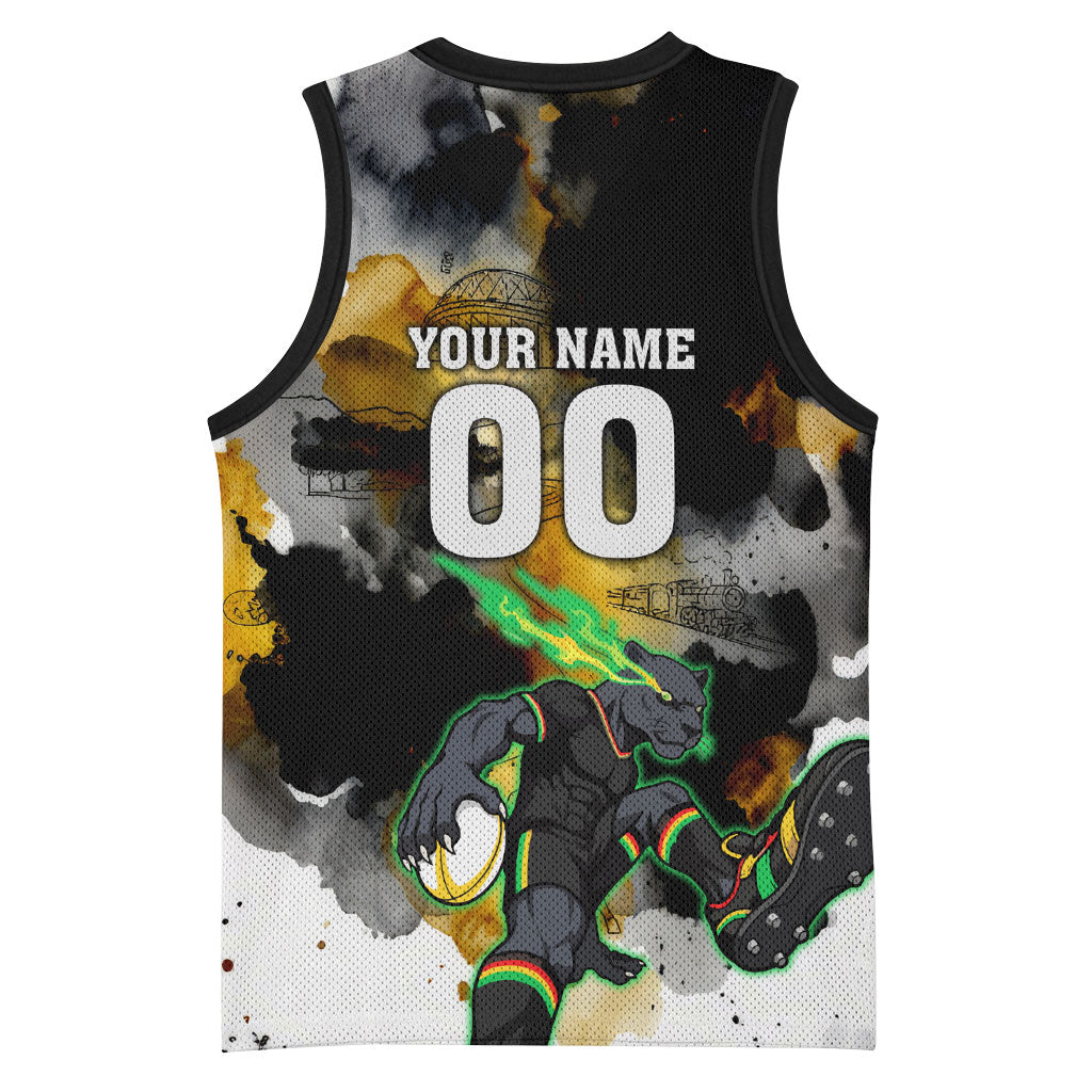 Personalised Penrith Panthers 1967-2026 Basketball Jersey Panther Mascot 60th Anniversary - Watercolor Splash Art