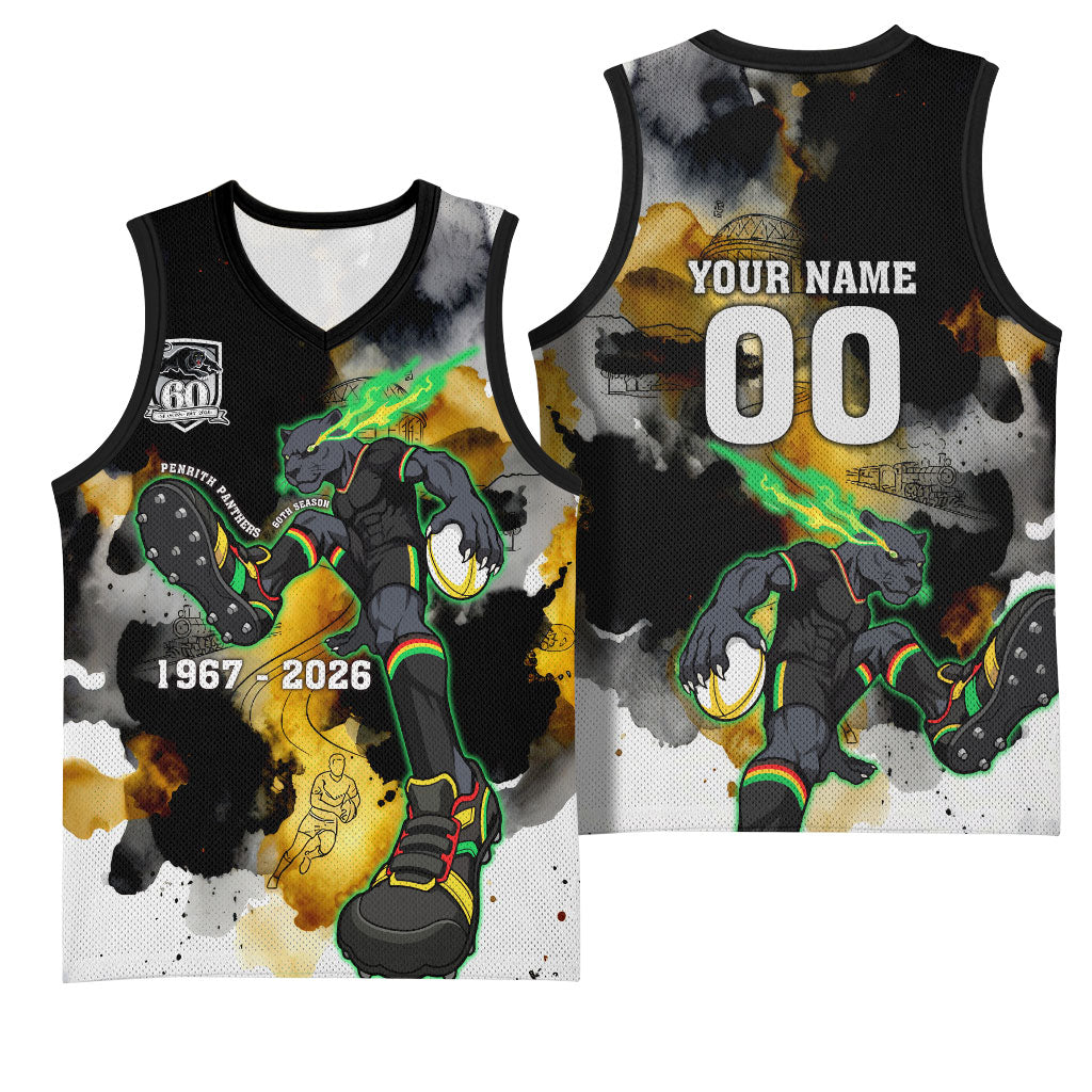 Personalised Penrith Panthers 1967-2026 Basketball Jersey Panther Mascot 60th Anniversary - Watercolor Splash Art