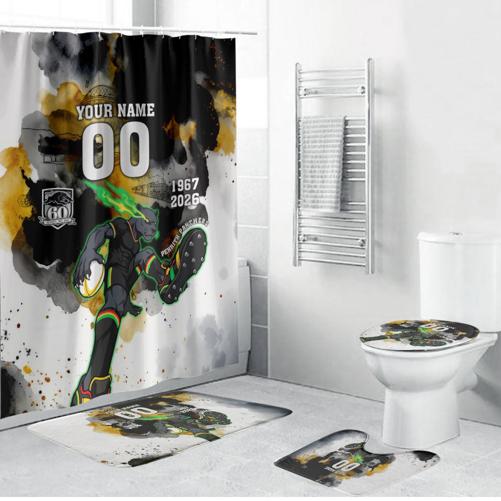 Personalised Penrith Panthers 1967-2026 Bathroom Set Panther Mascot 60th Anniversary - Watercolor Splash Art