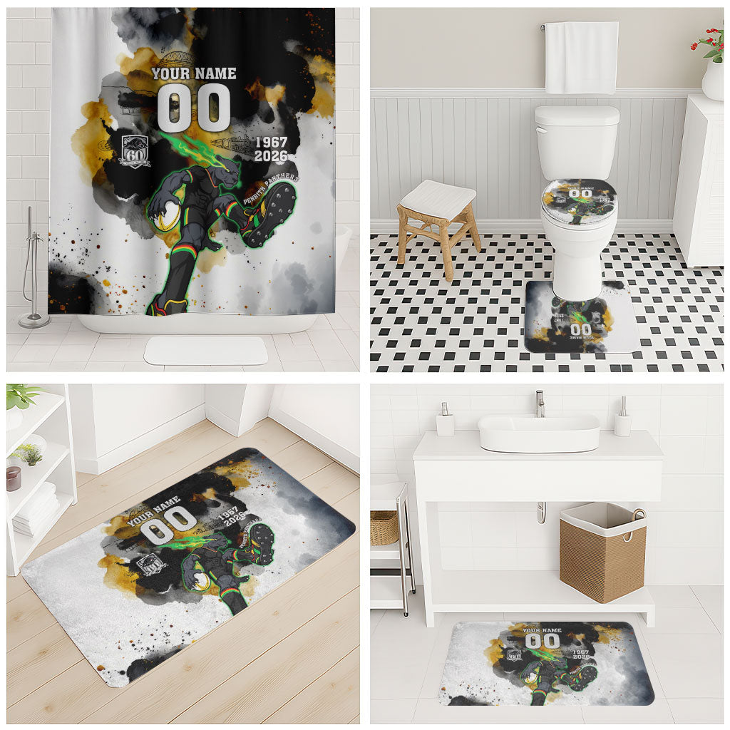 Personalised Penrith Panthers 1967-2026 Bathroom Set Panther Mascot 60th Anniversary - Watercolor Splash Art