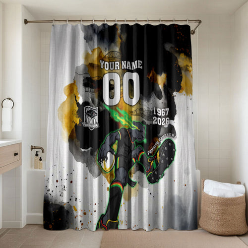 Personalised Penrith Panthers 1967-2026 Bathroom Set Panther Mascot 60th Anniversary - Watercolor Splash Art