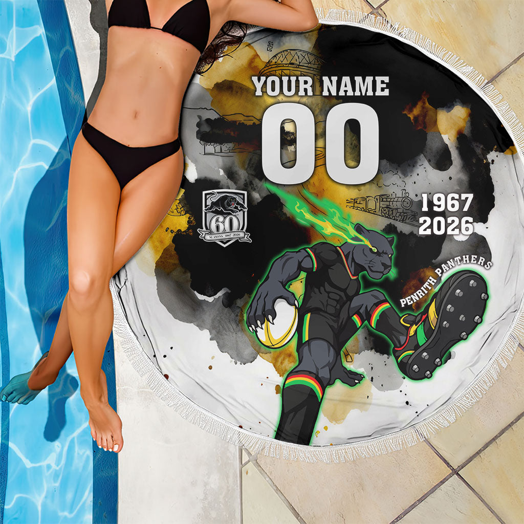 Personalised Penrith Panthers 1967-2026 Beach Blanket Panther Mascot 60th Anniversary - Watercolor Splash Art