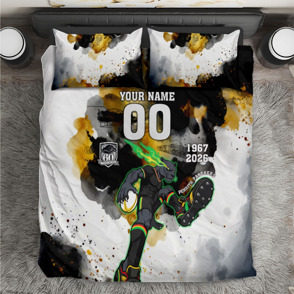 Personalised Penrith Panthers 1967-2026 Bedding Set Panther Mascot 60th Anniversary - Watercolor Splash Art