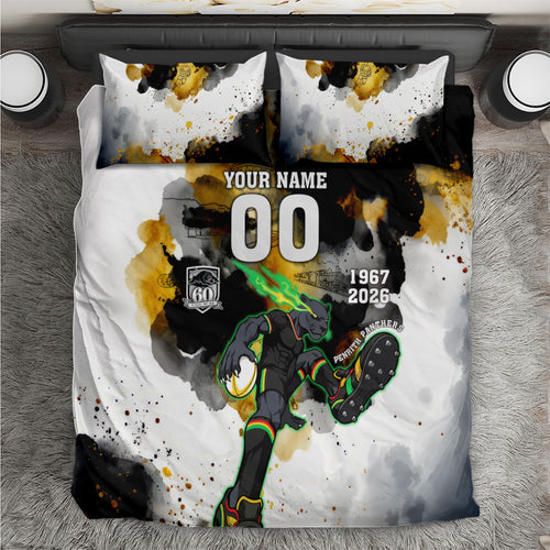 Personalised Penrith Panthers 1967-2026 Bedding Set Panther Mascot 60th Anniversary - Watercolor Splash Art