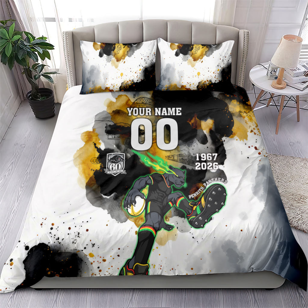 Personalised Penrith Panthers 1967-2026 Bedding Set Panther Mascot 60th Anniversary - Watercolor Splash Art