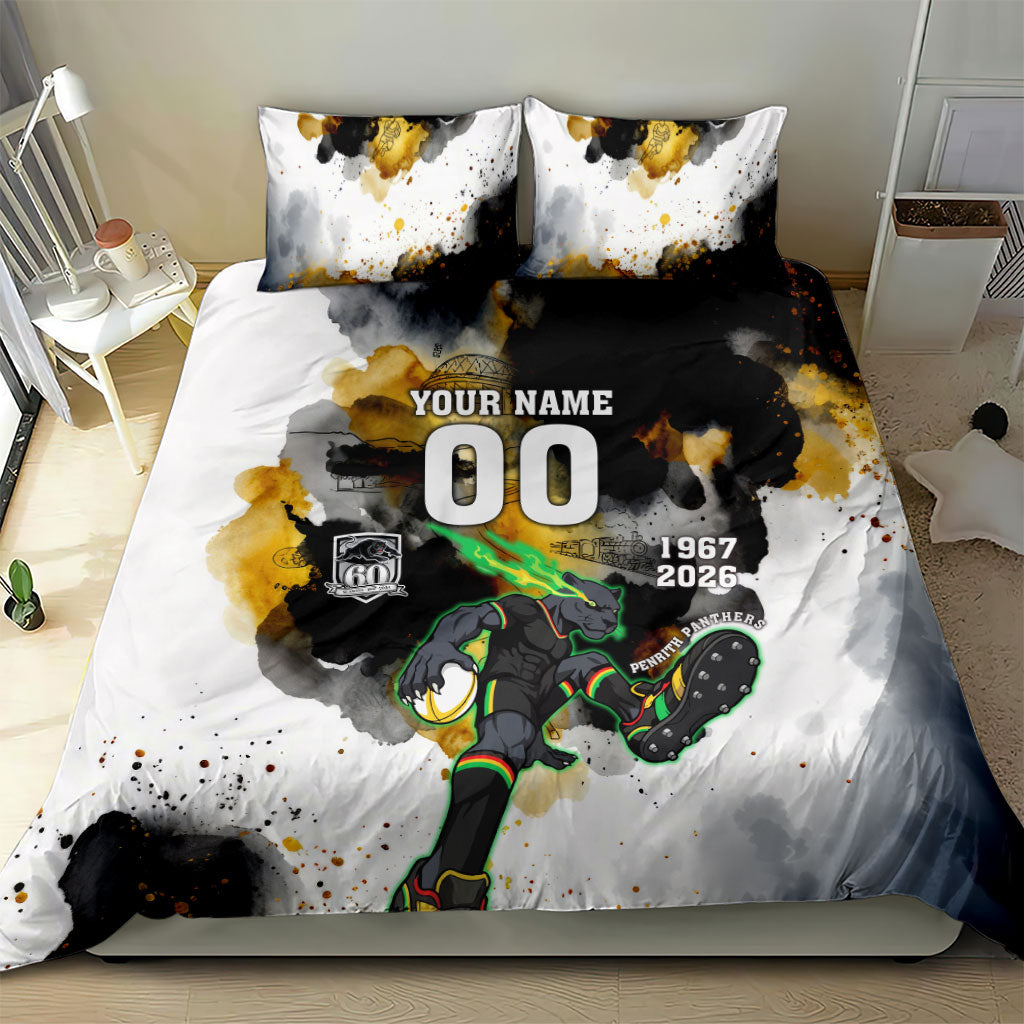 Personalised Penrith Panthers 1967-2026 Bedding Set Panther Mascot 60th Anniversary - Watercolor Splash Art