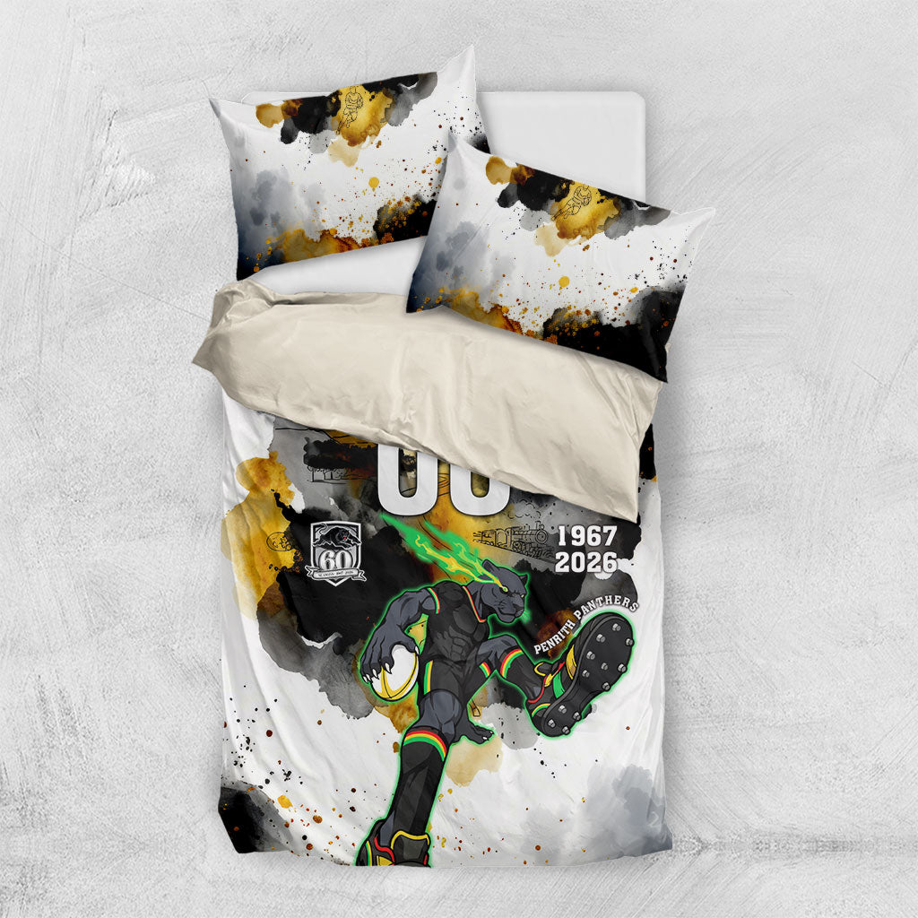 Personalised Penrith Panthers 1967-2026 Bedding Set Panther Mascot 60th Anniversary - Watercolor Splash Art