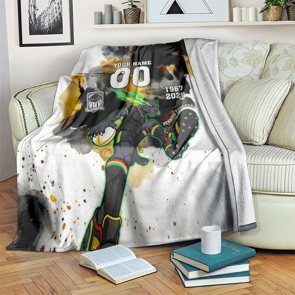 Personalised Penrith Panthers 1967-2026 Blanket Panther Mascot 60th Anniversary - Watercolor Splash Art