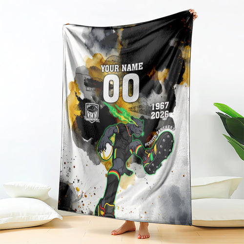 Personalised Penrith Panthers 1967-2026 Blanket Panther Mascot 60th Anniversary - Watercolor Splash Art