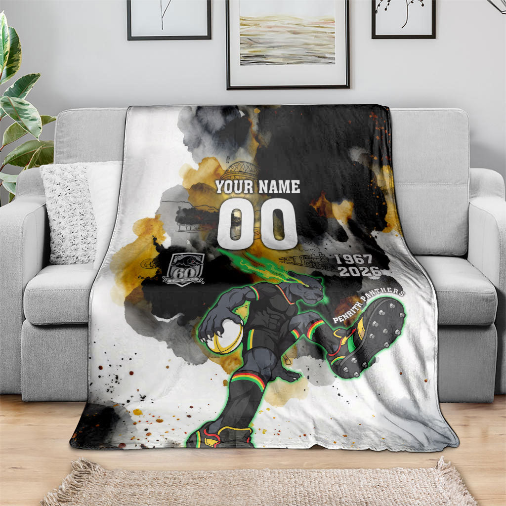Personalised Penrith Panthers 1967-2026 Blanket Panther Mascot 60th Anniversary - Watercolor Splash Art