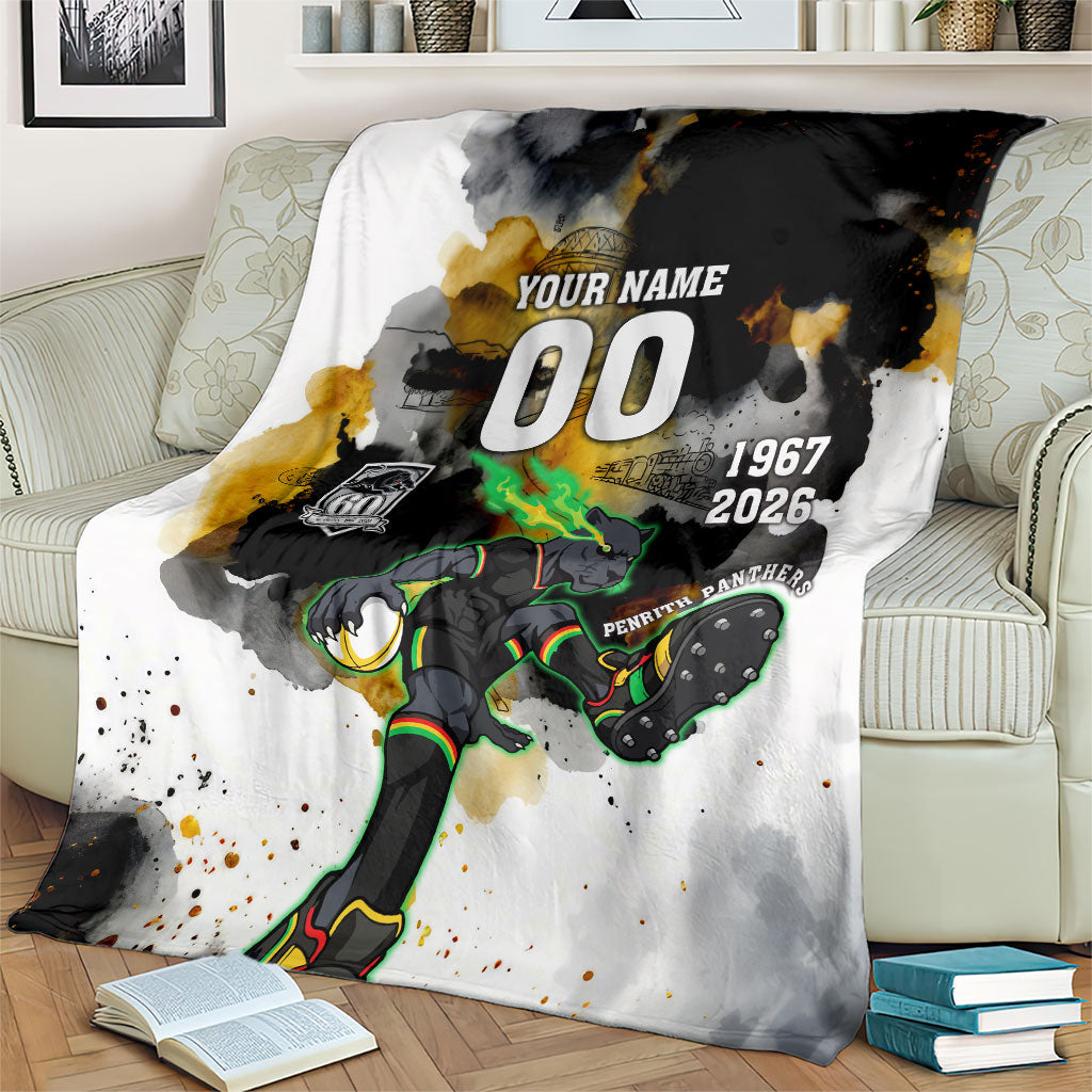 Personalised Penrith Panthers 1967-2026 Blanket Panther Mascot 60th Anniversary - Watercolor Splash Art
