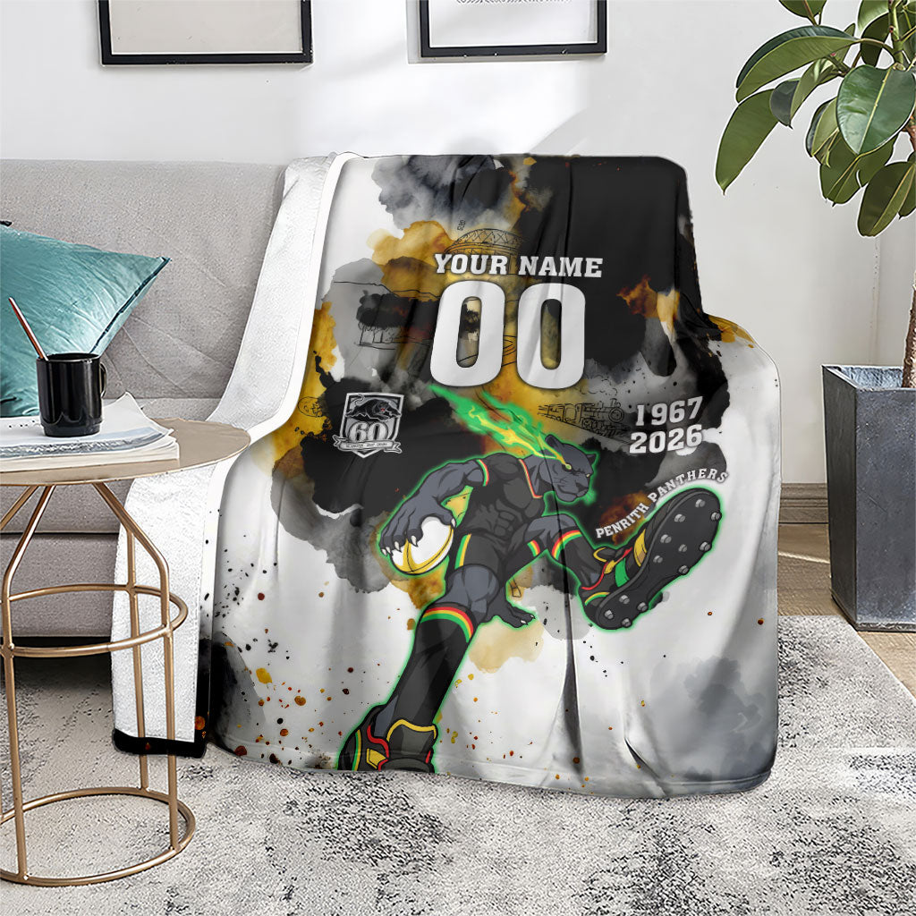 Personalised Penrith Panthers 1967-2026 Blanket Panther Mascot 60th Anniversary - Watercolor Splash Art